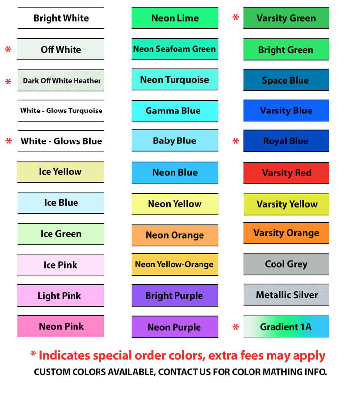 custom ink colors for glow in the dark shirt and clothing orders